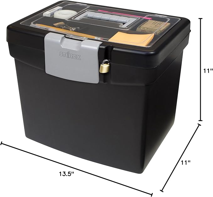 Storex 61504B02C Portable File Box with XL Lid, 11 x 13-1/2 x 11 Inches, Black