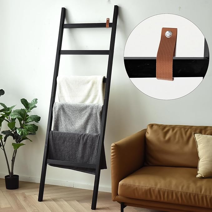 FUIN 6.4ft Extra Wide Wooden Blanket Ladder Living Room Decorative Wal Leaning Farmhouse Quilt Display Holder Rustic Wood Tow