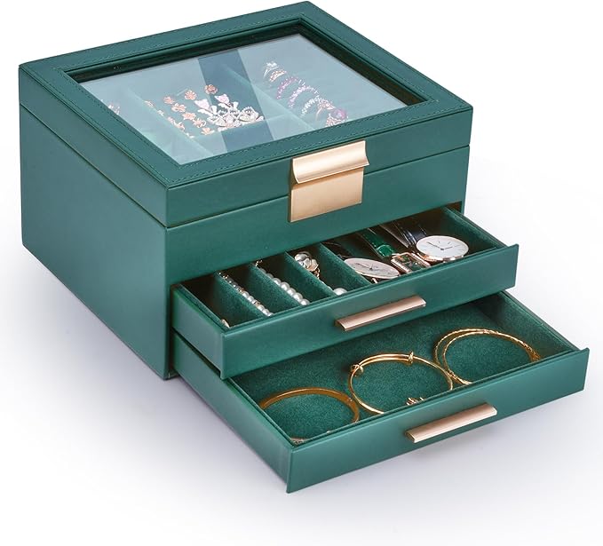 3-Layer Jewelry Box for Women, Jewelry Organizer with Glass Lid and Drawers, Jewelry Organizers and Storage for Necklaces, Ri