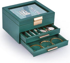3-Layer Jewelry Box for Women, Jewelry Organizer with Glass Lid and Drawers, Jewelry Organizers and Storage for Necklaces, Ri