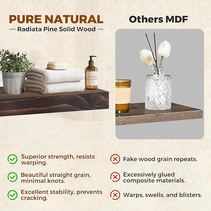 Floating Wall Shelves 24x6.8x1.7 Inch – Solid Wood Rustic Shelves in Walnut Finish – Wall Mounted Display Shelf for Bathroom,