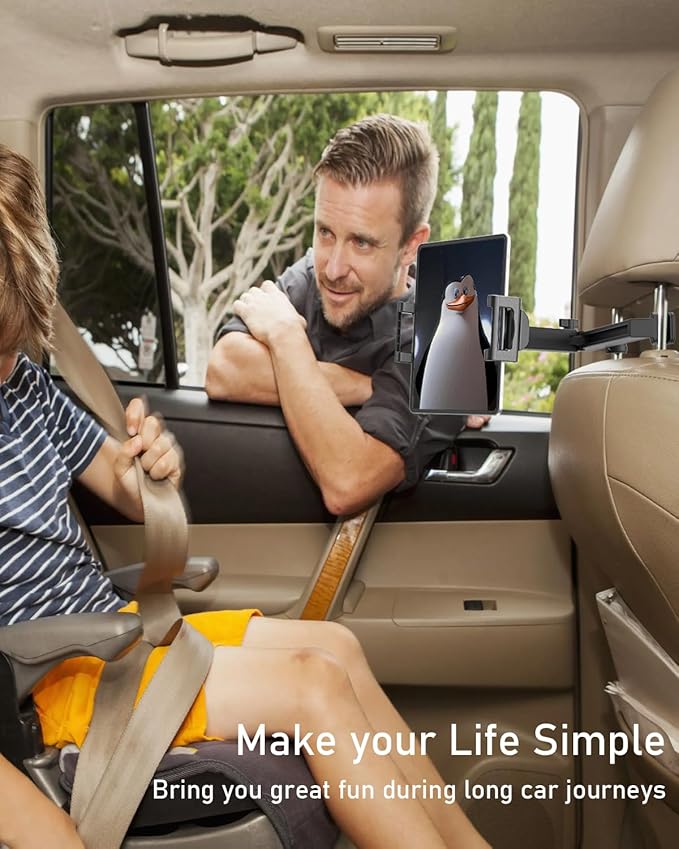Car Headrest Tablet Holder - [3 in 1 Adjustable Extension Arm] Tablet Car Mount for Back Seat, Road Trip Essentials for Kids, for iPad Pro Air Mini, Galaxy Tab, iPhone, 6-15.6" Devices