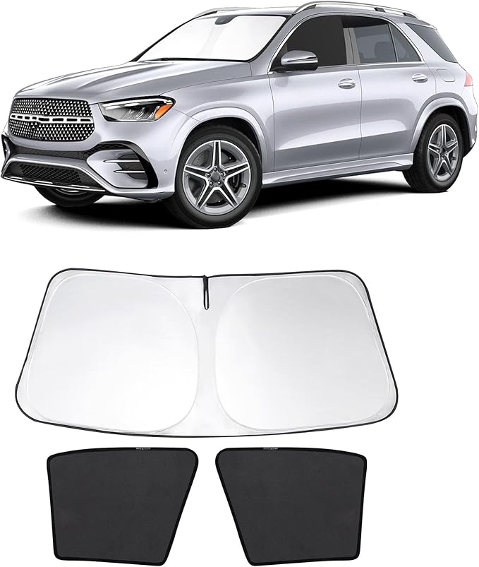 3PCS Car Window Shades Front Windshield Sun Shade Foldable Window Shade Custom Fit for 2020-2024 Mercedes Benz GLE Accessories Car Shades for Front Windows Anti-UV Rays Block Heat