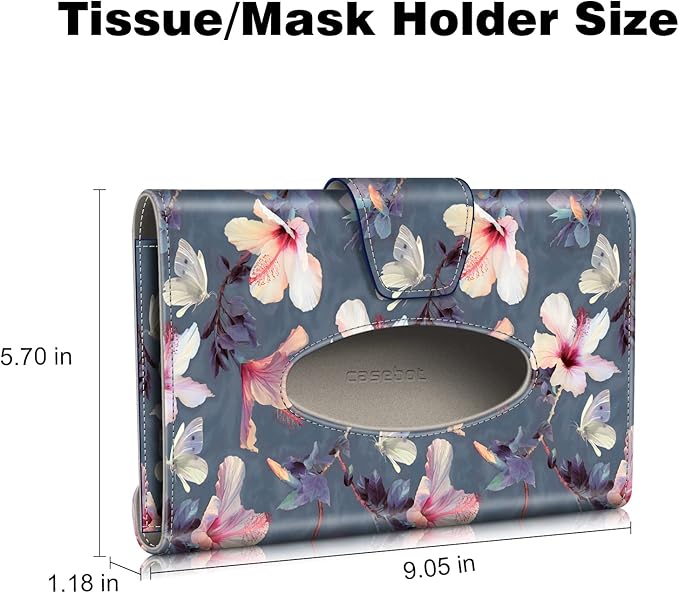 CaseBot Car Visor Tissue Holder, Sun Visor Napkin Holder, Mask Holder for Car, PU Leather Backseat Tissue Box for Truck SUV, Blooming Hibiscus