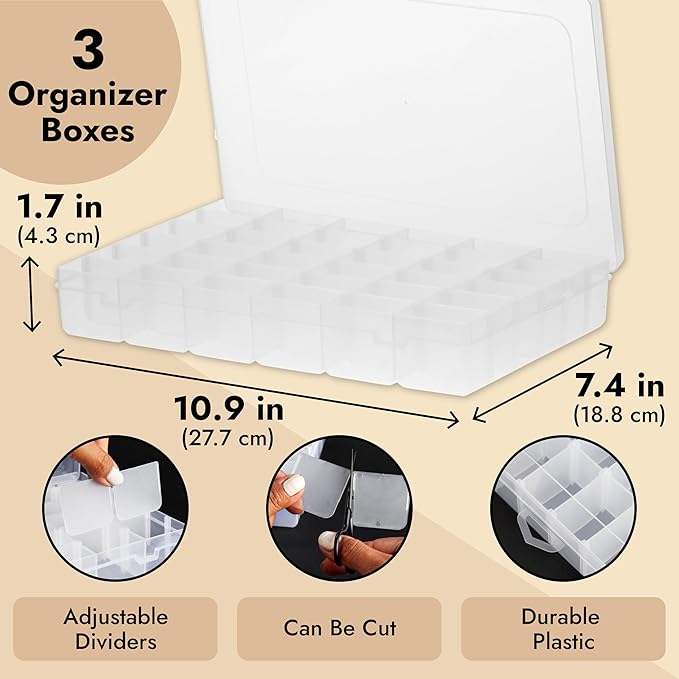 Juvale Jewelry Organizer Box - 3-Pack, 1.7 x 10.75 x 7 In, Clear Plastic - Bead Storage Containers with 36 Compartments & Div