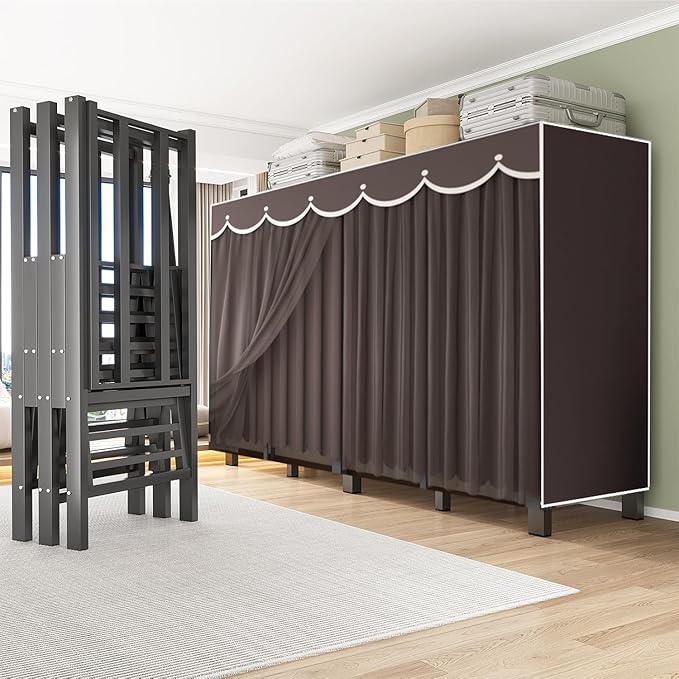 YTLEMON Heavy Duty Wardrobe Closet with Cover, Metal Rolling Clothes Rack, Foldable Portable Closet Organizer System Freestan