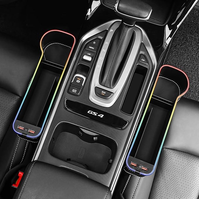 2 Pack Car Seat Gap Organizer,Multifunctional Seat Gap Storage Box with USB Fast Charger, Car Seat Pockets with Led Light, Car Seat Gap Filler with Cup Holder (Black)