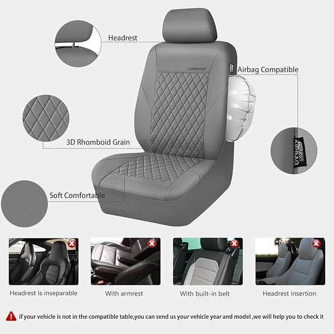 CAR PASS Quilting Faux Leather Seat Covers Full Set, Waterproof Deluxe PU Premium Auto Seat Cover, Breathable Seat Covers Uni