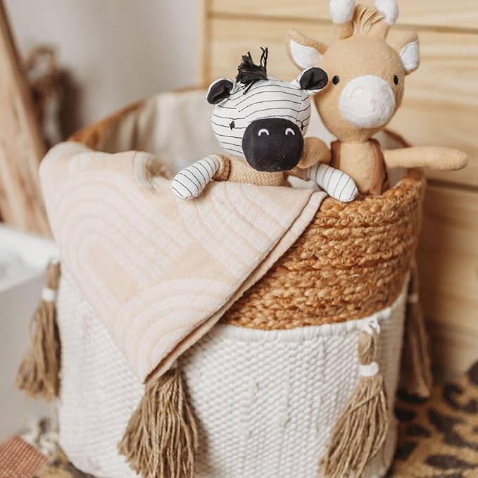 Crane Baby Boho Safari Nursery Decor Baby Storage Bin, Cotton & Jute Collapsible Fabric Basket Organizer, 13X12 Jute 13 X 12 