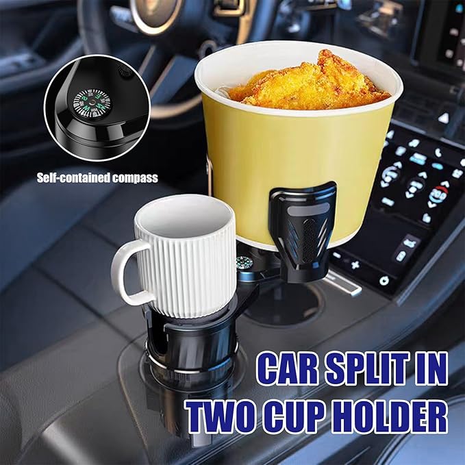 Dual Car Cup Holder Expander, 2 in 1 Multifunctional Auto Drink Adapter with Adjustable Base, 360 Degrees Rotating Cupholder Extender with Compass, Universal Car Accessories