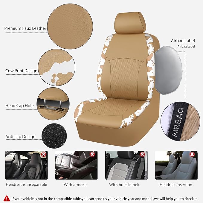 CAR PASS Cow Print Faux Leather Car Seat Covers & Cow Car Mats & Cow Steering Wheel Cover Seat Belt Pads Universal fit for SU