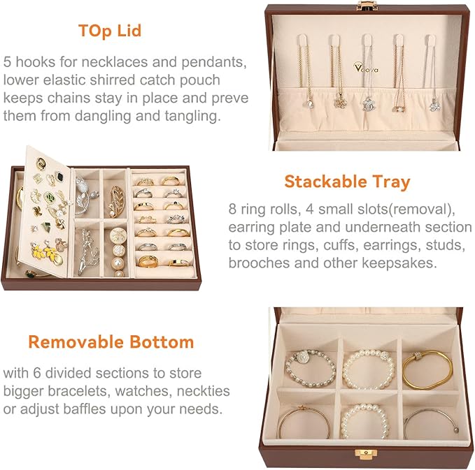Voova Jewelry Box Organizer for Women Girls, 2 Layer Large Men Jewelry Storage Case, PU Leather Display Jewellery Holder with