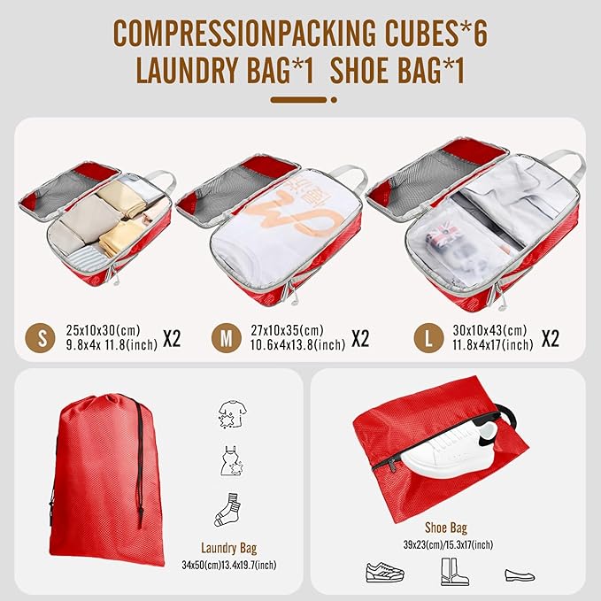 8 Set Compression Packing Cubes for Travel, Expandable Luggage Organizer with Shoe Bag & Laundry Bag - Lightweight Suitcase &