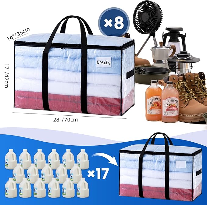 TAILI Extra Large Moving Bags, 8 Pack Clear Heavy Duty Totes For Storage with Visible Window, Wrap Around Handles