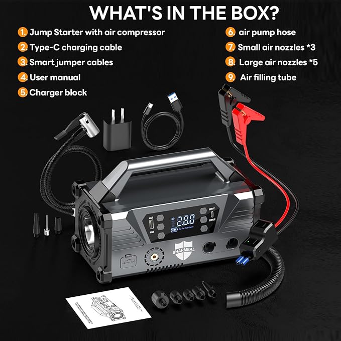 Sharmeal Jump Starter with Air Compressor，9000A Car Battery Jump Starter (All Gas/12.0L Diesel)，200PSI Car Battery Jumper Starter Portable 12V Jump Box with Jumper Cables, LED Light