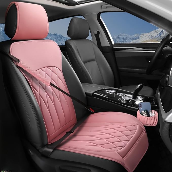 1 Pack Leather Front Car Seat Cover, Universal Sideless Car Seat Protector with Storage Pocket and Seat Belt Pad, Waterproof 