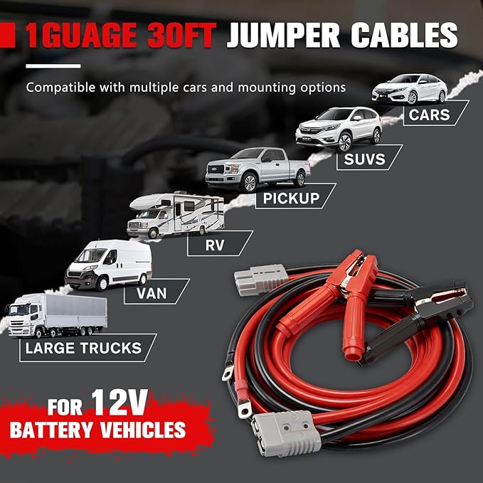 FIERYRED 1 Gauge 30 FT Quick Connect Jumper Cables, 1000A Heavy Duty Booster Cables with Travel Bag, Heavy Duty Battery Jumper Cable for Truck, Diesel Trucks, SUV and Car