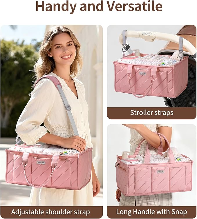 Extra Large Diaper Caddy Organizer – Big Nursery Storage Basket with Zipper Pocket, Shoulder Strap & Stroller Hooks, Water-Re