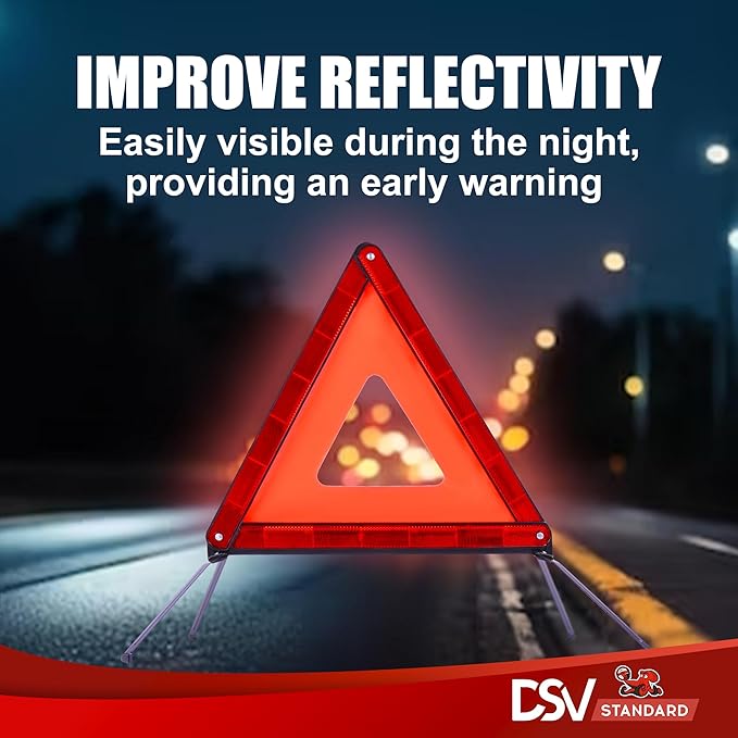 DSV Standard Emergency Triangles, Warning Triangles for Vehicles, Reflective Triangle, Safety Triangles with Case for Vehicle