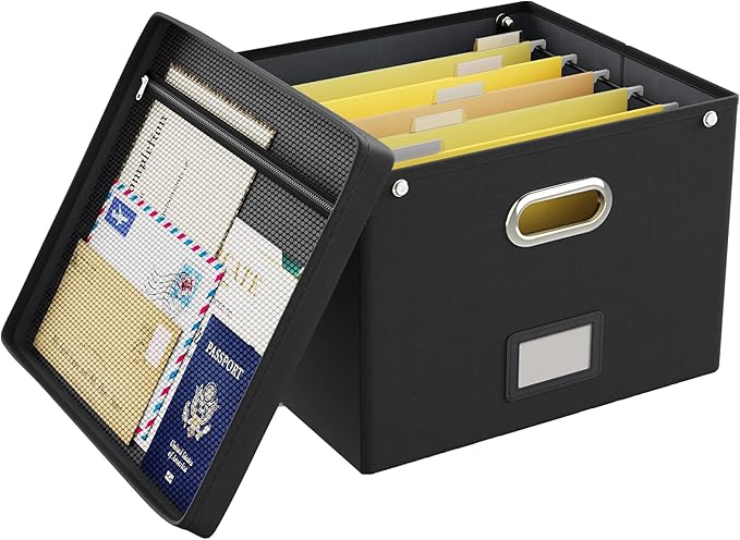 Oterri File Organizer Box with Lid,Large Hanging Filing Box with Mesh Pocket, Document c for Letter Files, Portable Storage C