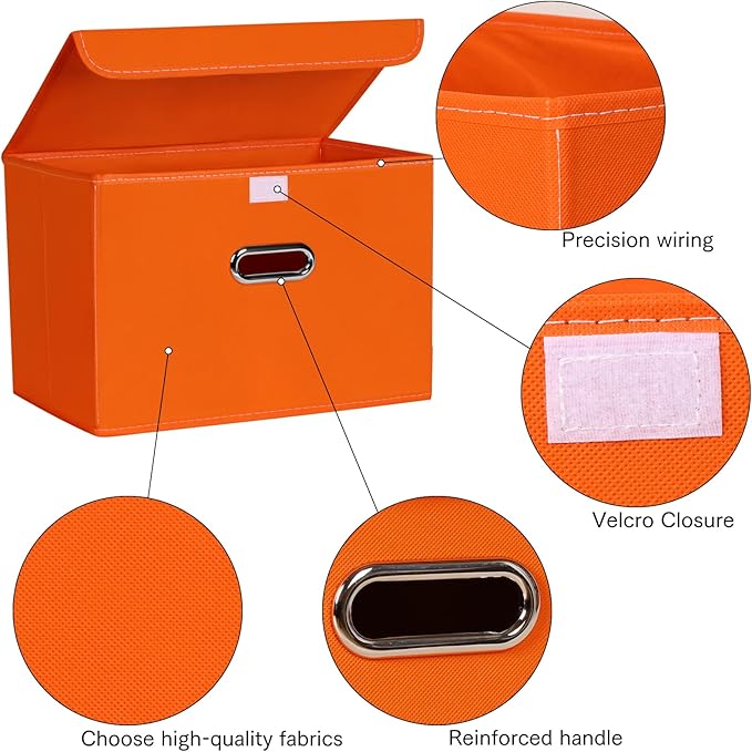 Linen Fabric Foldable Collapsible Storage Cube Bin Organizer Basket Fabric Storage Bins with Lid, Leather Handles, Removable 