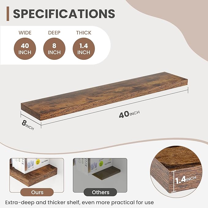 40 Inch Floating Shelves, 8 Inch Deep Floating Shelves for Wall, Hanging Shelf with Invisible Brackets, Deep Shelves for Bath