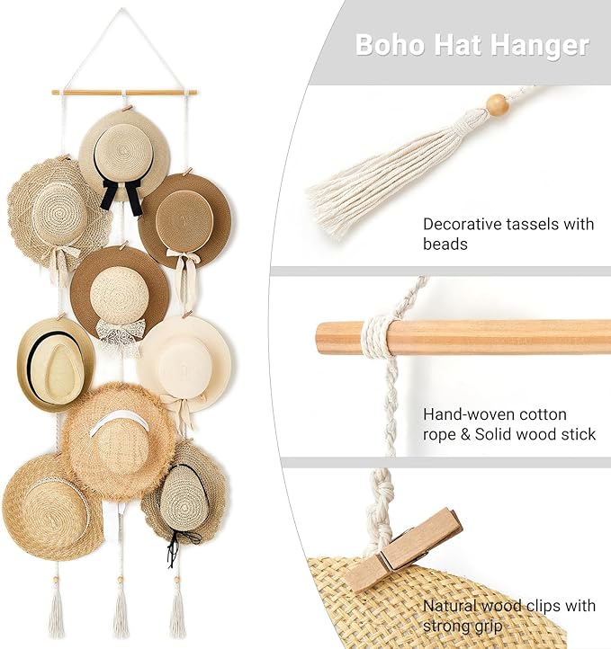 Mkono Hat Rack Hat Hangers for Wall Boho Caps Storage Display Organizer with Decorative Tassels Modern Cowboy Womens Hat Disp