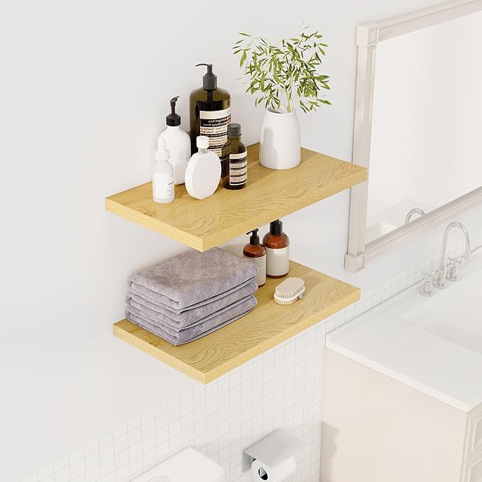 Dreamland 24" Floating Shelves for Wall, 12" Deep Slim Oak Floating Shelves, Wall-Mounted Shelves for Bedroom, Living Room, K