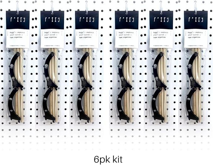 PEGGY Pegboard Accessory Hook and Dowel Organizer Storage for Tape, Steel Wire Spools, Ribbon, Crafts, Hobby, 12” kit (6pk)