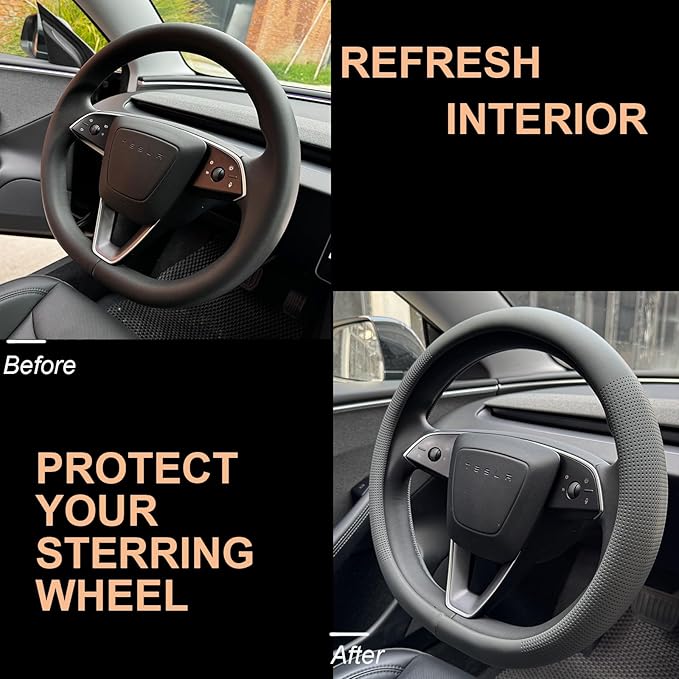 PINCTROT Nappa Leather Steering Wheel Cover for Tesla Model Y/3 Highland/Juniper, D Shaped 14 Inch Small Sized with Breathabl