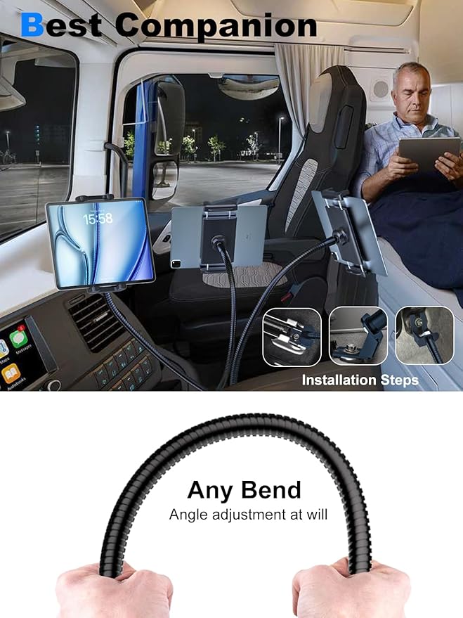 Tablet Holder for Car or Truck Seat Rail Mount Long 19.7" Gooseneck Arm Heavy Duty Car Floor Tablet Stand for iPad Pro 12.9 Air Mini, Samsung Galaxy Tab, iPhone, More 4-13" Phones & Tablets
