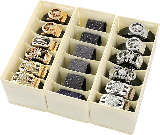 3 Packs Fabric Belt Organizer, 6 Grids Belt Organizer for Closet and Drawer, Foldable Dresser Drawer Organizers, Tie Storage 