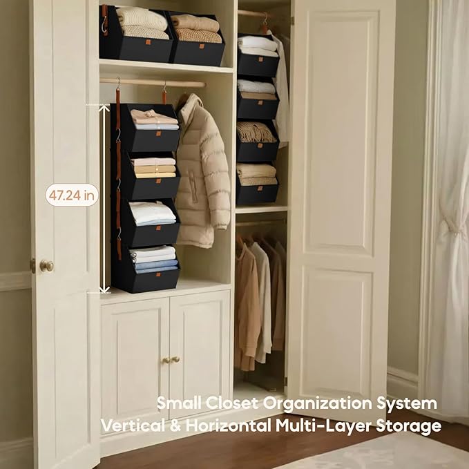Homsorout Hanging Closet Organizer 4 Tier - Clothes Hanging Shelves, Space-Saving Closet System, Fabric Storage Bins Bedroom 