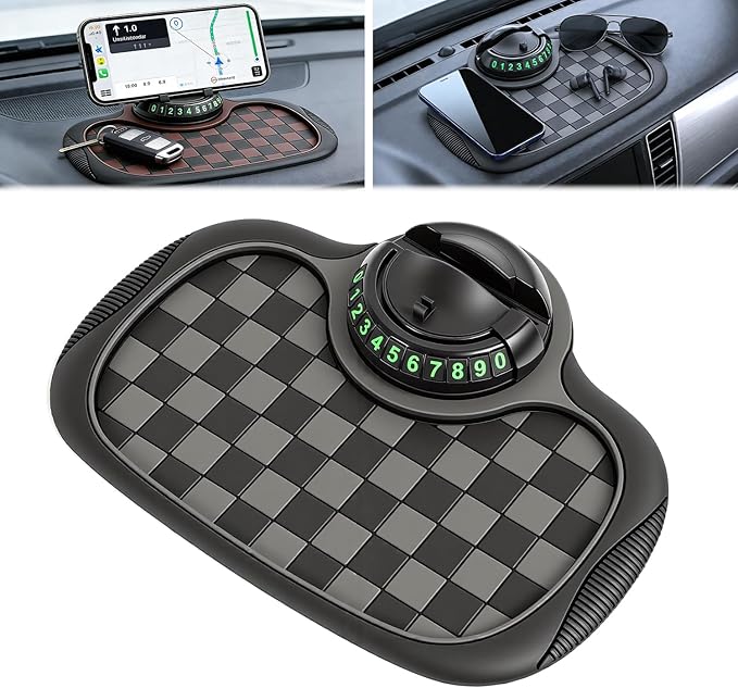 Multifunction Car Anti Slip Mat,360° Rotatable Phone Holder Dashboard Pad with Temporary Parking Number for Phone Sunglasses 