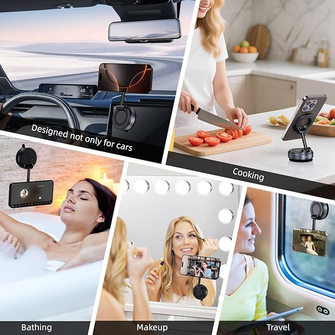 Vacuum Magnetic Car Phone Holder for Magsafe, Hands-Free 360° Adjustable Suction Cup Phone Mount for Car/Gym/Mirror/Smooth Surface, Compatible with iPhone & Android (Black)