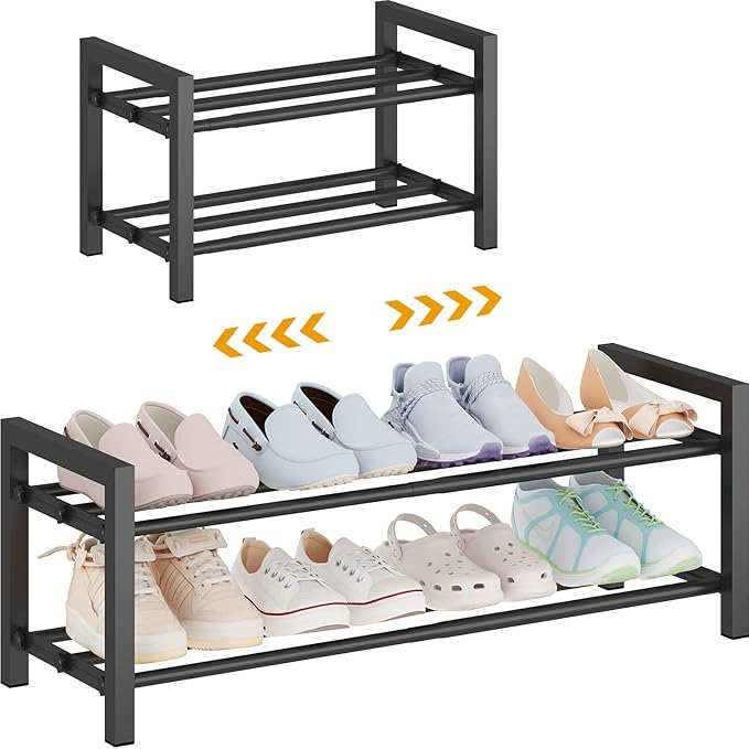Detsuk 2-Tier Expandable Shoe Rack (17.5"-30.7") – Adjustable Heavy-Duty Metal Shoe Organizer Shelf for Closet, Entryway, Mud