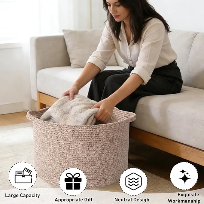 90L Large Blanket Basket,21.7"L x 21.7"W x 13.8"H Rope Woven Baskets with Handles,Brown Storage Bins,Laundry Basket Perfect f