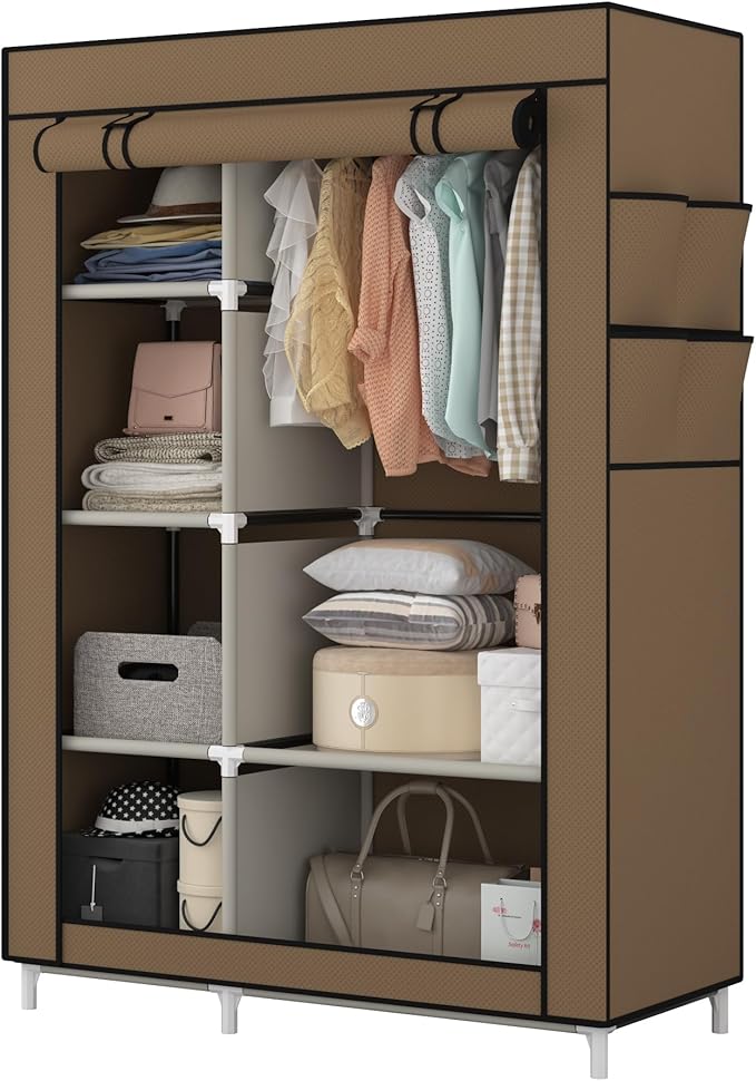 Calmootey Portable Closet Organizers, Clothing Storage, Wardrobe with 6 Shelves and Hanging Rod, Non-Woven Fabric Cover with 