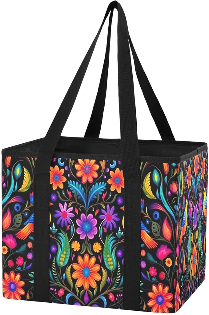 Mexican Art Design Reusable Grocery Bags Large Shopping Tote Bag with Reinforced Bottom Board, Water Resistant Foldable Stora