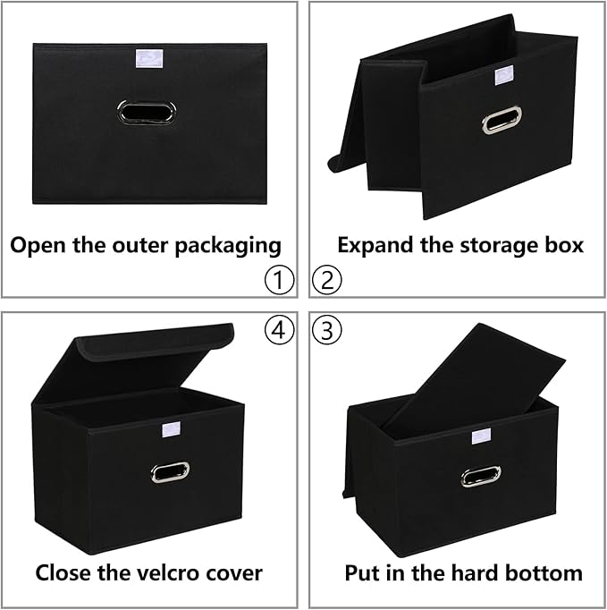 Fabric Foldable Collapsible Storage Cube Bin Organizer Basket with Lid, Handles, Removable Divider for Home, Closet (Black, 3