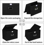 Fabric Foldable Collapsible Storage Cube Bin Organizer Basket with Lid, Handles, Removable Divider for Home, Closet (Black, 3