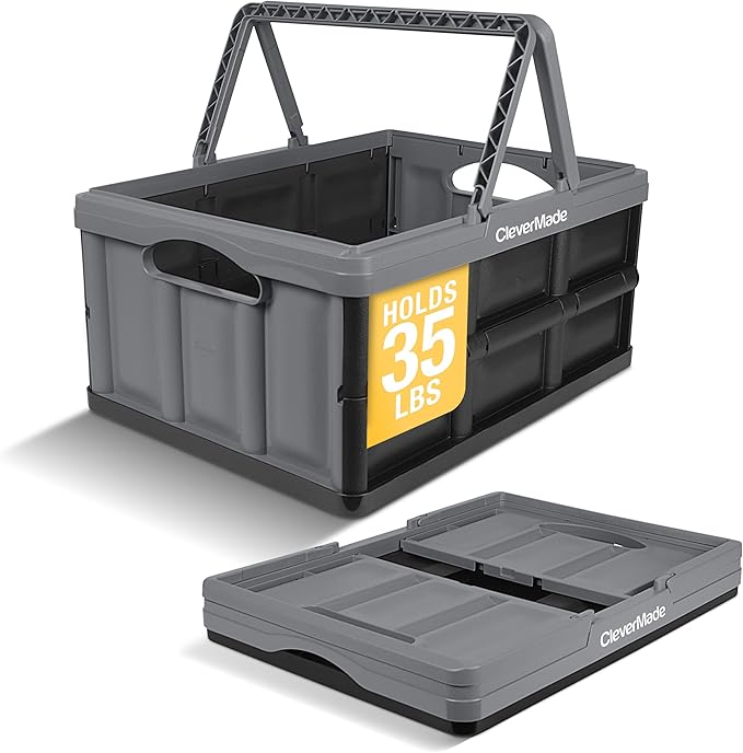 CleverMade Collapsible Shopping Basket 32L - Folding Grocery Basket with Handles, Stackable Reusable Storage Crate with 35 lb C