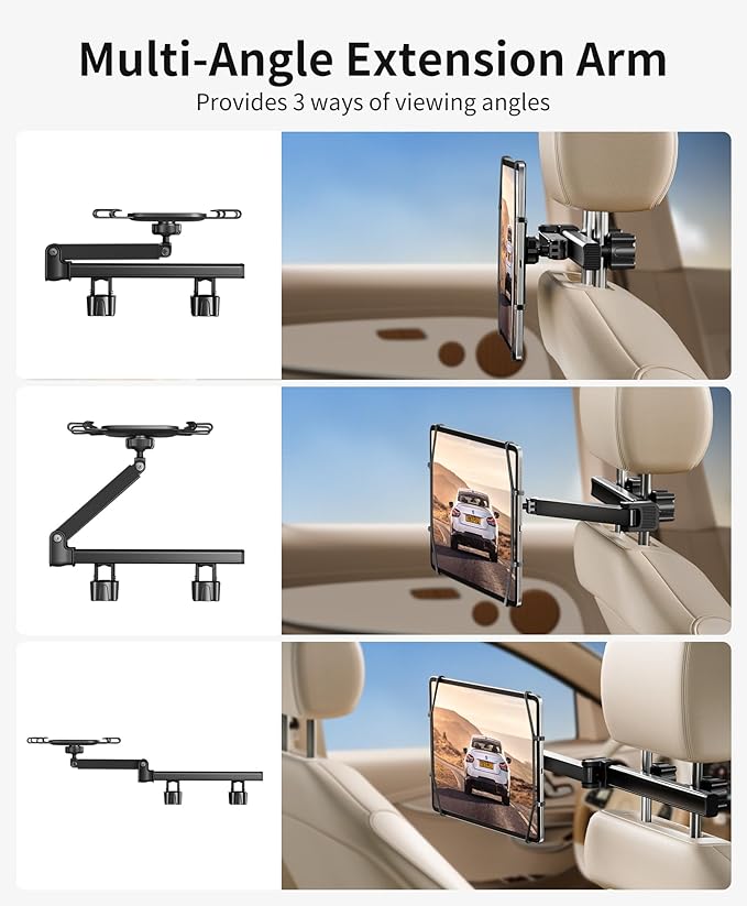 FANGOR Tablet Holder for Car - [3 in 1 Adjustable Extension Arm] Upgraded iPad Holder for car Backseat with Holding Net, Road Trip Essentials for Kids, for 4.7-13" iPad Pro, Air, Mini, Fire HD, Phone