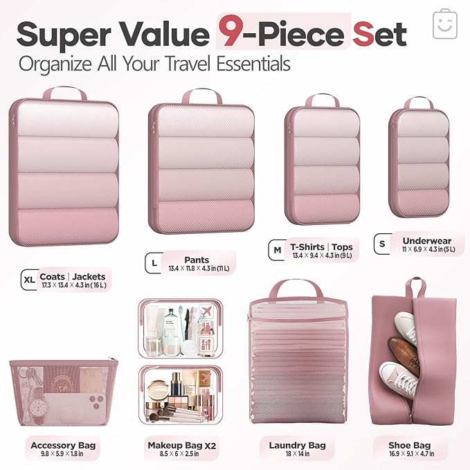 Veken 9/11 Set Compression Packing Cubes for Travel Essentials,Compressible Expandable Large Luggage Organizer Bags for Cloth