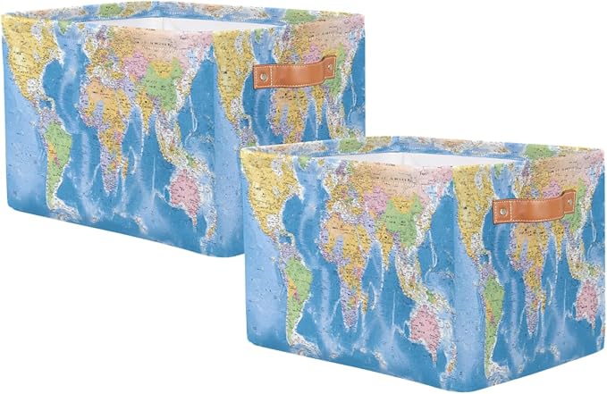 World Map Storage Basket, Collapsible Cloth Storage Cube Bin for Shelves with Handles Large Toys Basket Closet Organizer for 
