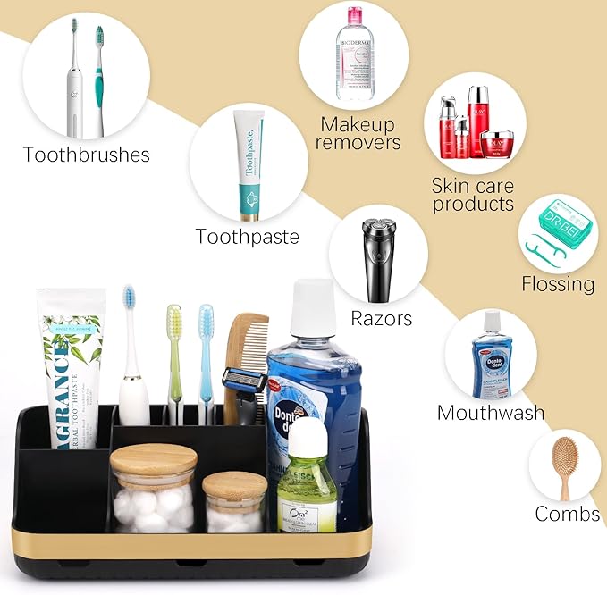 GFWARE Gold Toothbrush Holders for Bathrooms Countertop Organizer - Detachable 7 Slots Electric Toothbrush and Toothpaste Hol