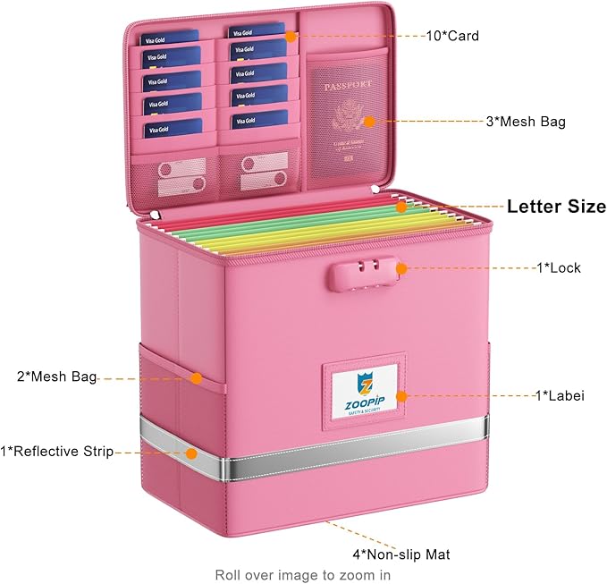 Fireproof File Box with Lock, Document Box Storage Organizer, Suitable for Hanging File Folders in Letter Size, Collapsible F