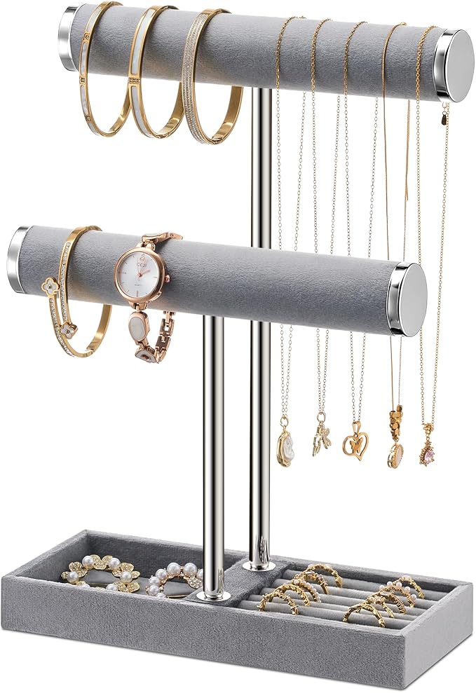 bussdis 2 Tier Bracelet Holder Display - Detachable T Bar Grey Velvet Bracelet Holder, Jewelry Holder Organizer for Bracelet,