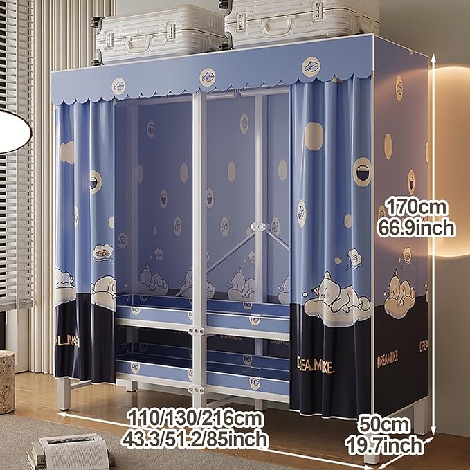 Portable Foldable Wardrobe Closet with Cover, Metal Clothing Rack with Hanging Rods, Space-Saving Coat Storage for Bedroom, 1