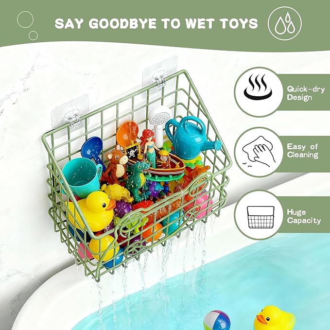 Greentainer 2 PackBath Toy Organizer, Wall Mounted Shower Storage Basket - Metal Bathtub Toy Holder with Hooks for Sorting Ki